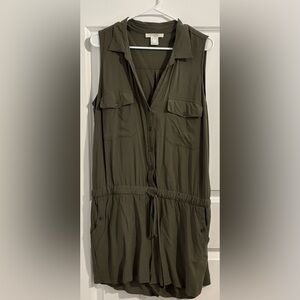Olive Green Sleeveless romper sz L ,button drawstring waist tie.  Smoke free.